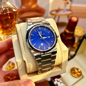Men's stainless steel watch with blue dial, classic minimalist waterproof quartz wristwatch.
