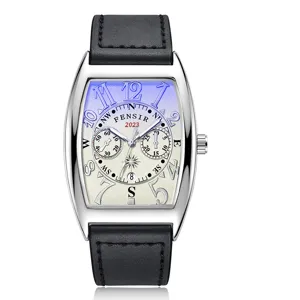 Men tonneau quartz watch business fashion wristwatch with leather strap and gradient dial