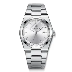 Classic silver mens watch with integrated steel strap, minimalist dial and date window.