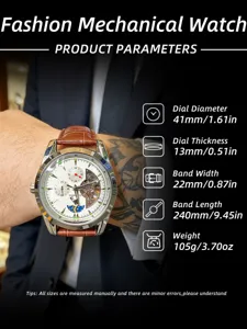 Men's mechanical watch with leather strap, 41mm dial and multi-functional tourbillon design.