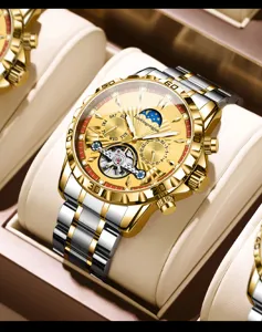 Men's automatic mechanical watch gold silver stainless steel strap moon phase dial closeup view