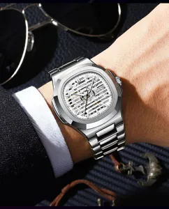 Edelstahl automatische mechanische Uhr für Herren, Skelett Zifferblatt, Business Stil.