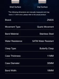 Detailed specification view of women quartz watch with stainless steel strap and 30mm dial.