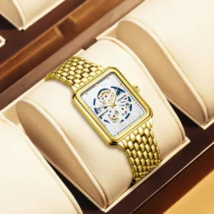 Luxuriöse goldene rechteckige Quarzuhr mit Skelettzifferblatt und Metallarmband für Herren.