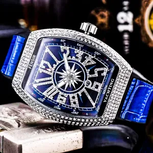 Luxury diamond tonneau quartz watch for men with blue dial and leather strap, stylish fashion timepiece.