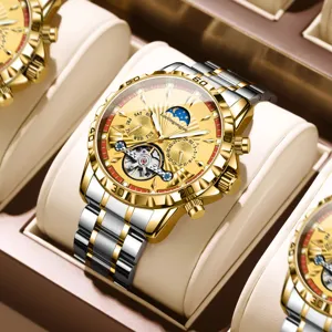 Men's Automatic Mechanical Watch Stainless Steel Business Waterproof Luminous Moon Phase Wristwatch