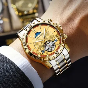 Men automatic mechanical watch with gold silver steel strap moon phase hollow dial luxury style