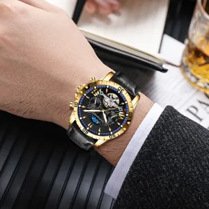 Men's automatic mechanical watch with gold tone case, black dial, and leather strap.