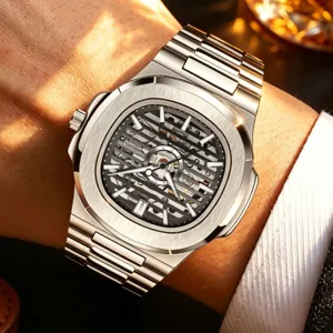 Automatische mechanische Skelett Herrenuhr mit Stahlarmband für Business und Alltag.