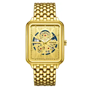 Goldene rechteckige Herren-Quarzuhr, Vintage-Skelett-Zifferblatt Luxus Armbanduhr mit Metallarmband.
