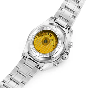 Men automatic mechanical watch silver stainless steel bracelet skeleton case back wrist watch