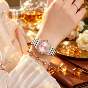 Women quartz watch rose gold silver stainless steel strap pink crystal bezel elegant gift