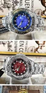 Elegante Herren Quarzarmbanduhr mit graviertem Metallarmband, Leuchtanzeige und Kalender.