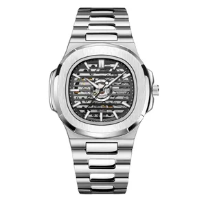 Silberne automatische mechanische Herrenuhr mit Skelettzifferblatt aus Edelstahl Luxus