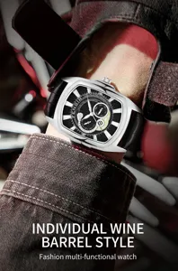 Men's tonneau quartz watch with black textured dial and leather strap for daily wear.