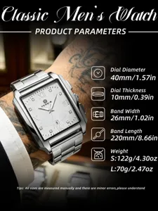Classic men square quartz watch detail view, silver metal strap and diamond dial.