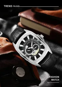 Men Fashion Tonneau Quartz Watch Black Leather Strap Business Casual Dress Wristwatch