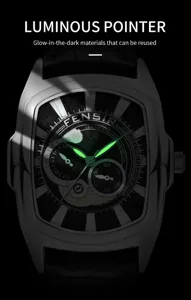 Men's tonneau quartz watch with luminous pointer and black textured dial for daily wear.