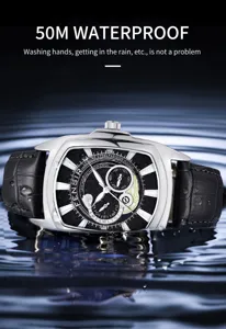 Men's tonneau quartz watch detail showing waterproof performance and craftsmanship.