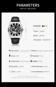Men fashion tonneau quartz watch with leather strap 50m waterproof casual wristwatch.