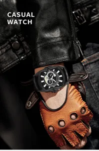 Mens casual quartz watch with tonneau dial and leather strap, detailed shot for fashion style.