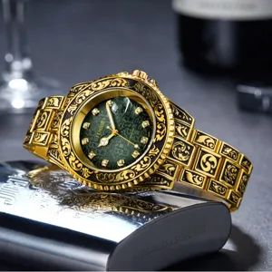 Men's quartz watch with stainless steel band, green dial, luminous hands, and calendar display.