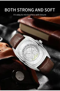 Detail shot of men tonneau quartz watch featuring textured silver dial and brown leather strap.