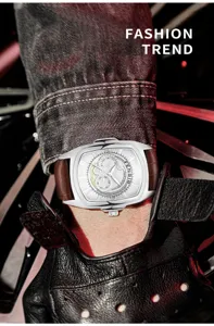 Men's fashion tonneau quartz watch with brown leather strap and silver dial for daily wear.