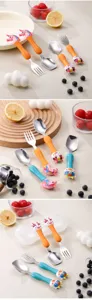 Cute cartoon baby cutlery set with stainless steel fork and spoon for self-feeding training.