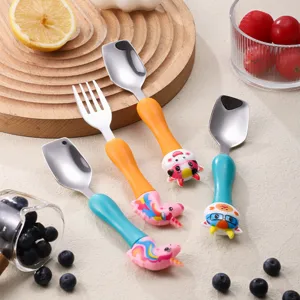 Baby Self Feeding Training Spoon Fork Set Stainless Steel Cartoon Animal Tableware For Infant Kids Toddler