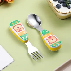 Edelstahl Baby Löffel Gabel Set, süßes Cartoon Löwe kurzer Griff Kindertrainingsbesteck.