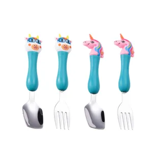 Cute cartoon unicorn and cow baby stainless steel fork and spoon feeding cutlery set 4pcs