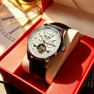 ZNIDS men mechanical watch detail view showcasing white dial, tourbillon and strap.
