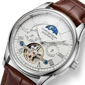 Men's Automatic Mechanical Watch Tourbillon Moon Phase Waterproof Hollow Stainless Steel Leather Strap Business Wristwatch