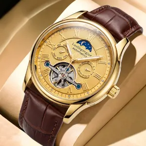 Luxury gold mechanical watch for men with automatic movement and brown leather strap.