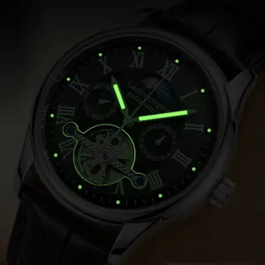 Men's automatic mechanical watch luminous moon phase tourbillon leather strap luxury wrist watch