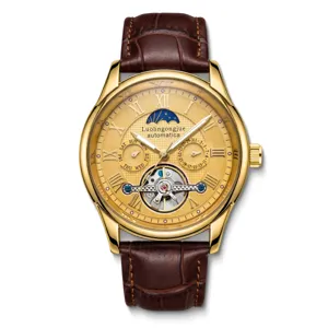 Men's automatic mechanical watch with gold tone case, moon phase, and brown leather strap.