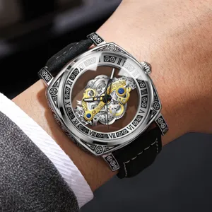 Men automatic mechanical wristwatch with skeleton dial, carved case and black band.