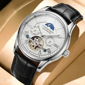 Herren Automatikuhr Mechanische Uhr Mondphase Multifunktion Lederarmband Luxusarmband