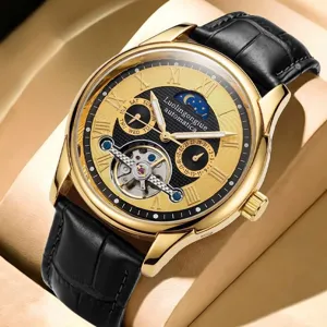 Herren Automatikuhr Goldgehäuse schwarzes Lederarmband Mondphase Luxus Herren Armbanduhr
