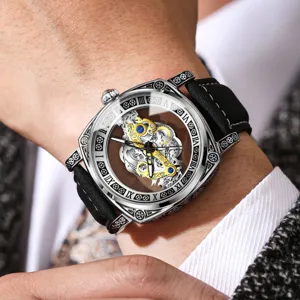 Men automatic mechanical skeleton watch with carved stainless steel case and roman numerals.