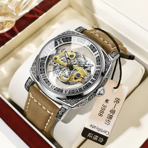 Men automatic mechanical watch with skeleton dial brown leather strap and carved silver case
