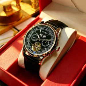 Luxurious men's automatic mechanical watch featuring a sleek black dial and leather strap.