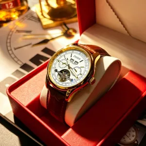 ZNIDS luxury automatic mechanical watch for men with gold case white dial brown leather strap detail view
