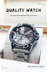 Men's luxury stainless steel business quartz watch with date display and luminous hands.