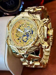 Oversized gold men's watch skeleton dial steel strap punk style waterproof sports wrist watch