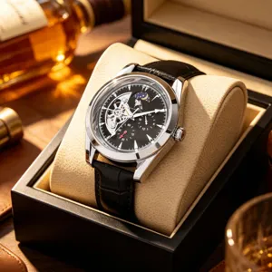 Detail view of men's mechanical watch featuring skeleton dial, moon phase, and leather strap.