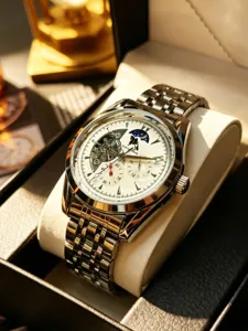 Men's mechanical watch detail view, stainless steel strap, luxury moon phase dial design.