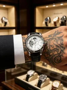Men automatic mechanical watch with moon phase tourbillon open heart dial and leather strap.