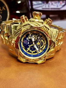 Gold punk mechanical men watch large dial steel strap luxury casual wristwatch detail view